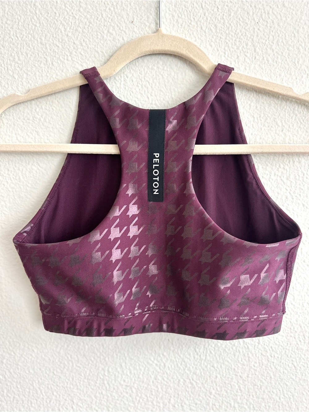 Peloton Houndsooth Metallic Foil Racerback Sports Bra in Plum/Wine Color (S)